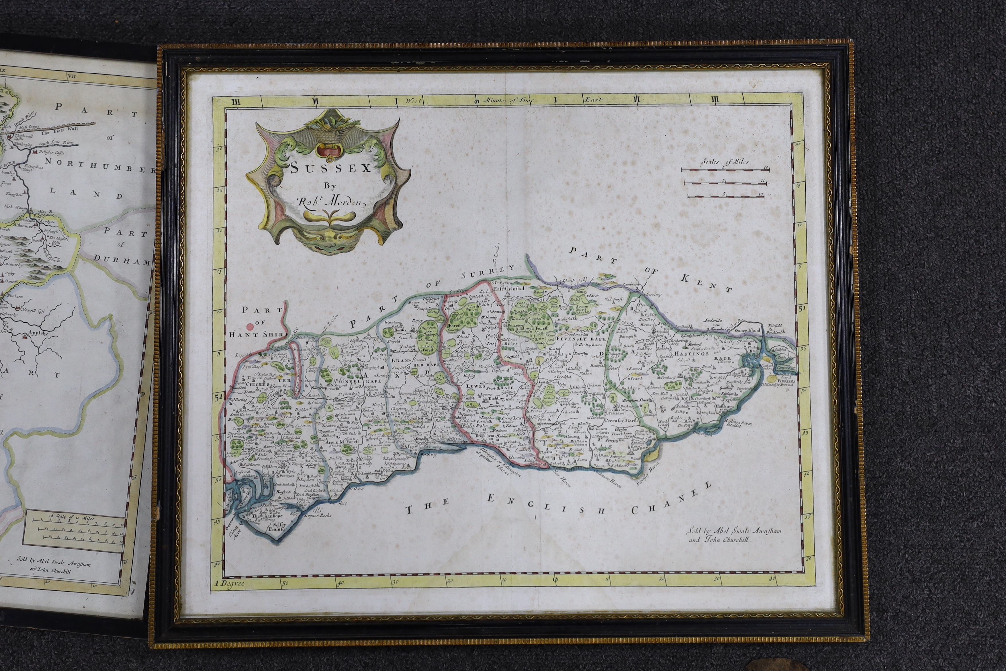 Robert Morden (1650-1703), two hand coloured maps comprising Sussex and Cumberland, sold by Abel Swale Awnsham and John Churchill, largest 44 x 37cm